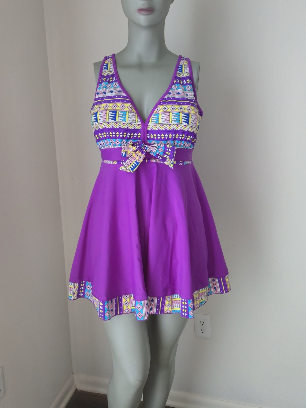 Swin Vibrant Purple Patterned Fit-and-Flare Swimdress